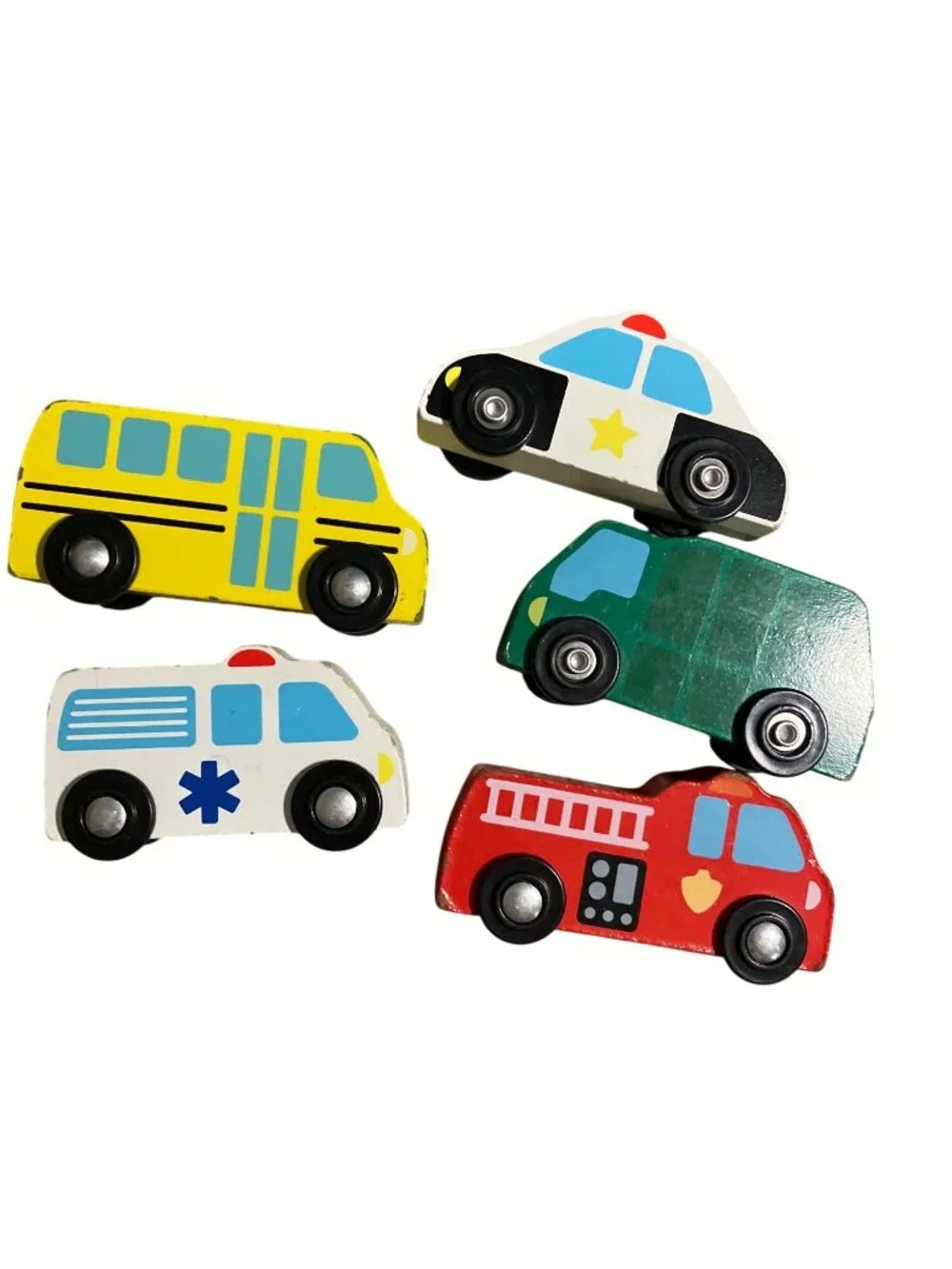 Wooden Toy Vehicle Set  Police Fire Ambulance Bus Garbage Truck